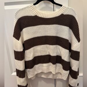 White & brown striped, cropped Garage sweater.